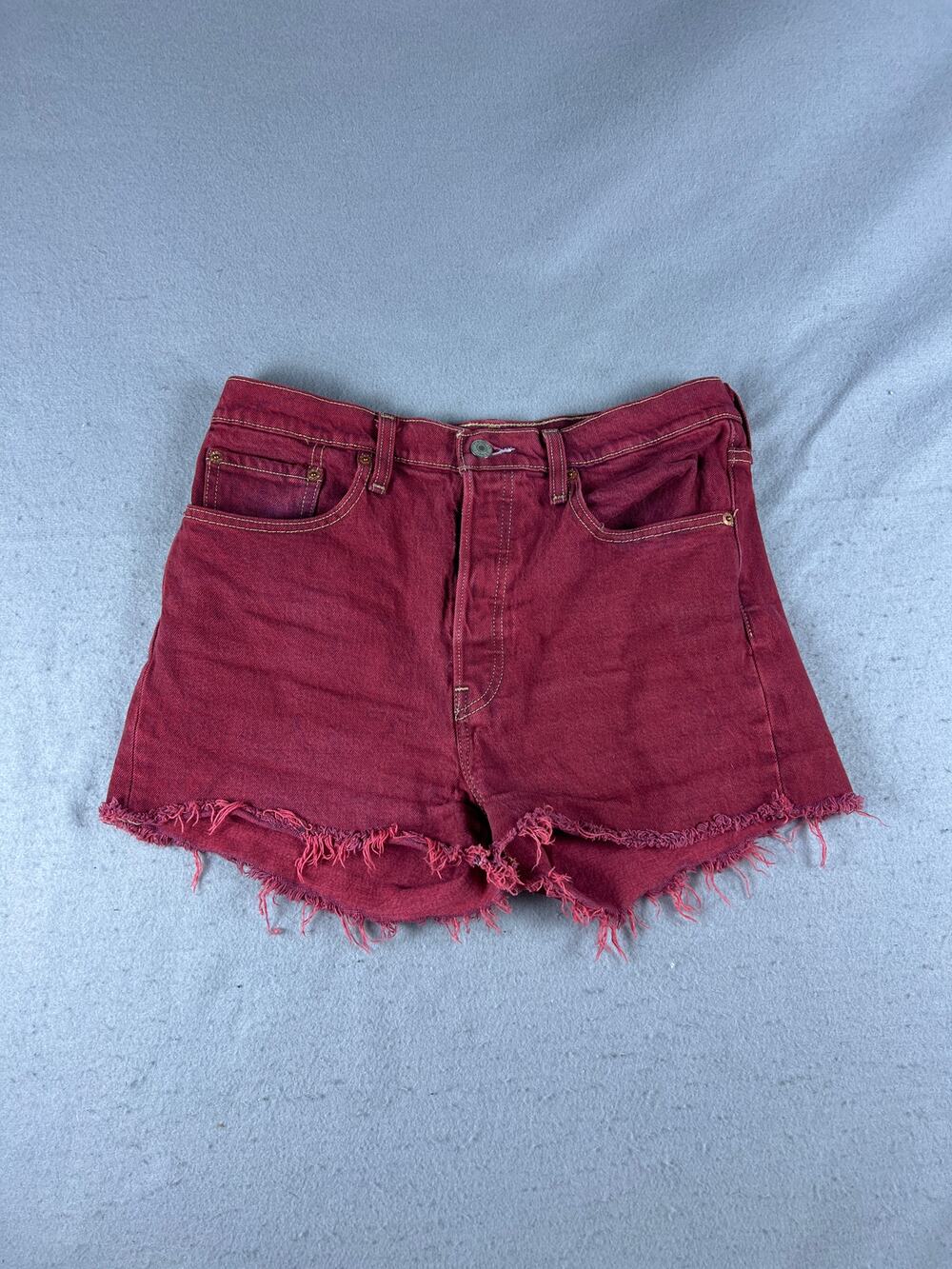 Levi's 501 Original Fit Shorts Womens 29 Red Cut-Off High Rise Denim Fringe Hem